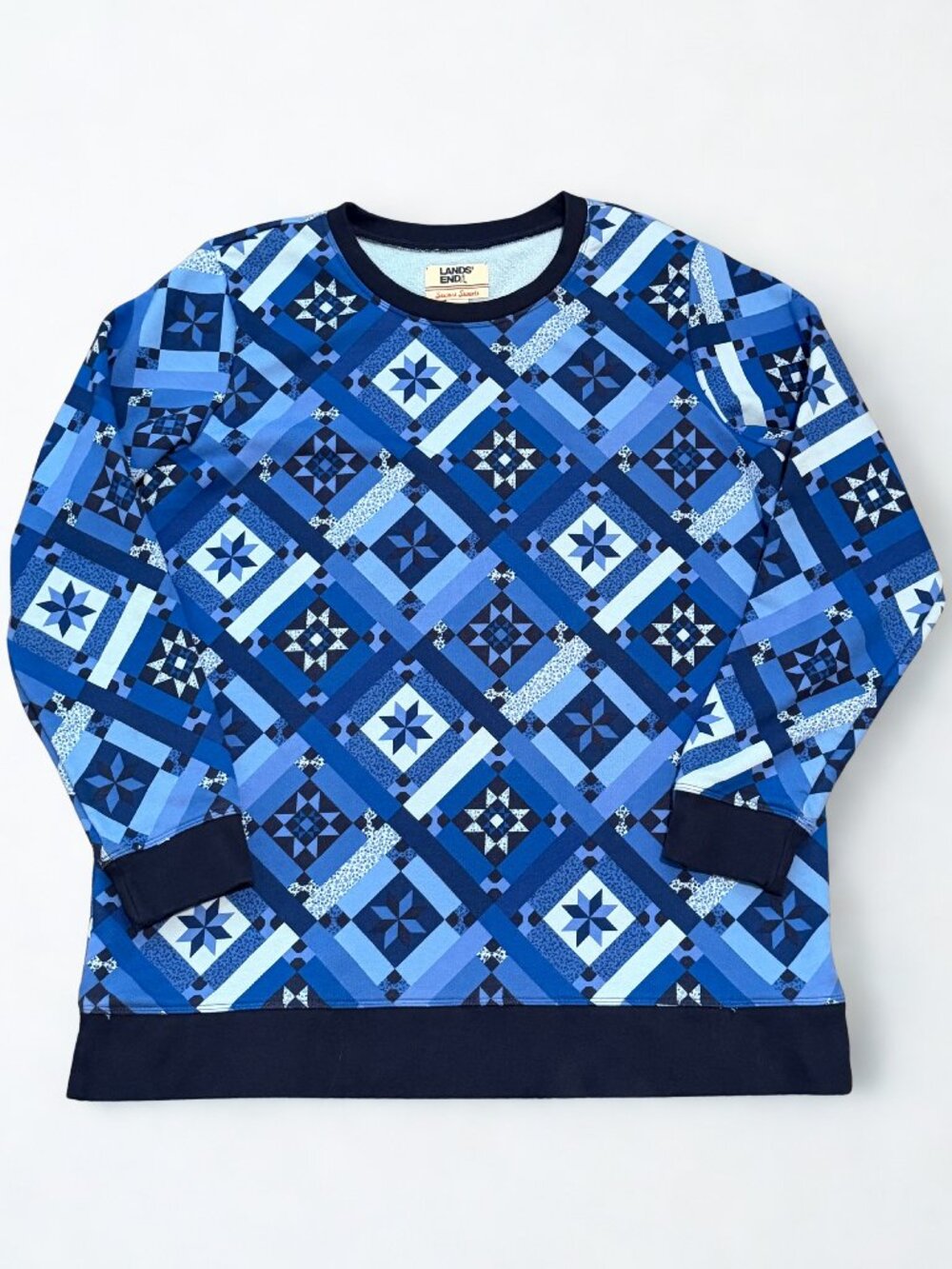 Lands End Blue Geometric Patchwork Serious Sweats Crewneck L